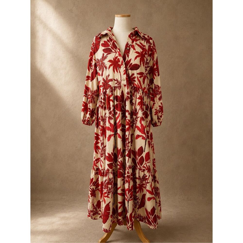 Maeve Sz M Bettina Tiered Shirt Dress Red Tropical Floral Midi Boho Resort